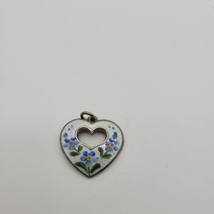 Sterling Silver Opro Norway Enamel Flower Heart Shaped Charm with Cut Out Heart